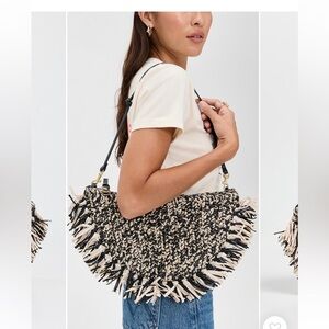 Clare V. Lune Bag Black Cream Raffia Fringe Shoulder Bag NWT